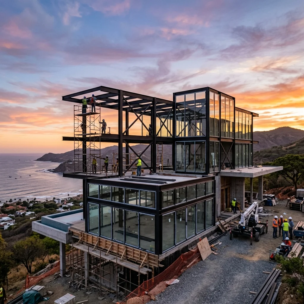 Modern construction site with steel beams under blue sky